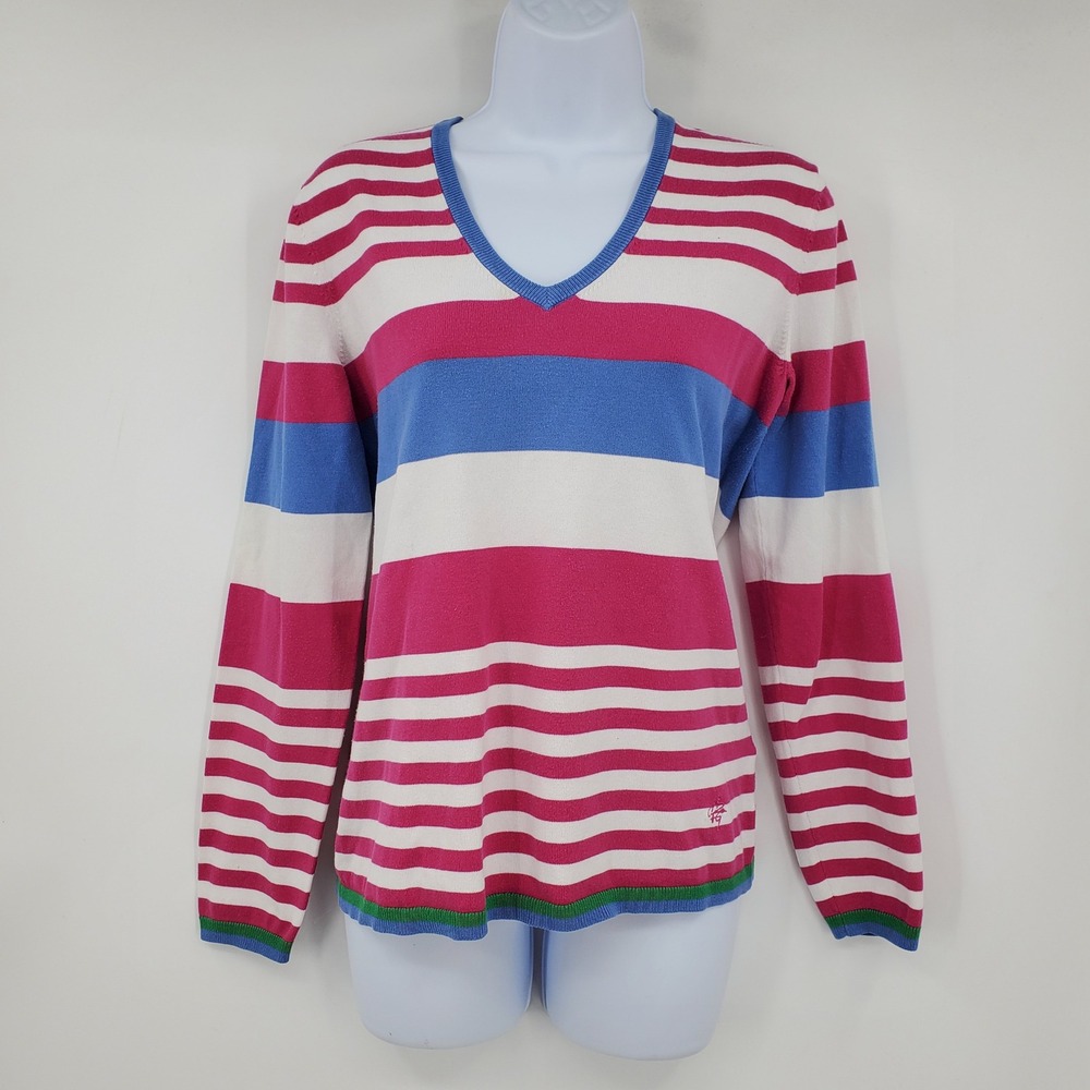 Brax Lara Pima Cotton Striped V-Neck Sweater Pink Blue White Size 42 Preppy Y2K